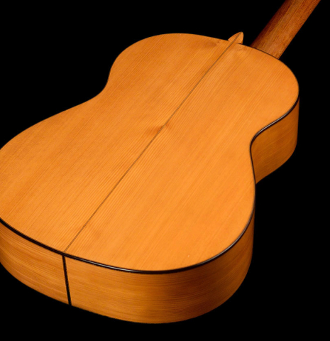 The back of a 1968 Miguel Rodriguez flamenco guitar made of cedar and cypress