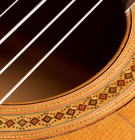 The rosette of a 1968 Miguel Rodriguez flamenco guitar made of cedar and cypress