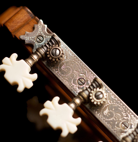 The headstock and machine heads of a 1968 Miguel Rodriguez flamenco guitar made of cedar and cypress