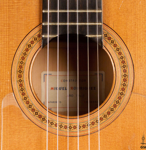 The rosette of a 1968 Miguel Rodriguez flamenco guitar made of cedar and cypress