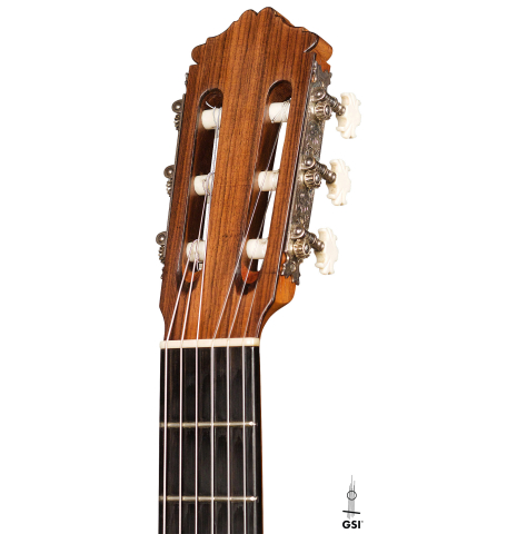 The headstock of a 1968 Miguel Rodriguez flamenco guitar made of cedar and cypress