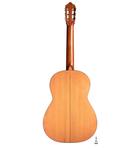The back of a 1953 Miguel Rodriguez flamenco guitar made of spruce and cypress