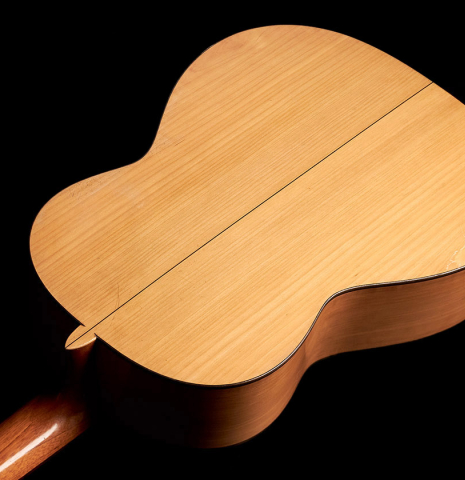 The back of a 1953 Miguel Rodriguez flamenco guitar made of spruce and cypress