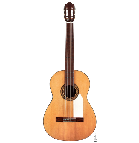 The front of a 1953 Miguel Rodriguez flamenco guitar made of spruce and cypress