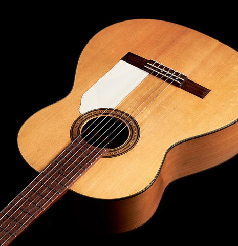 The soundboard of a 1953 Miguel Rodriguez flamenco guitar made of spruce and cypress