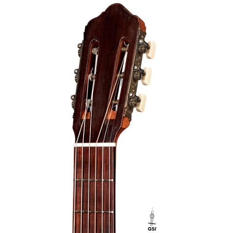 The headstock of a 1953 Miguel Rodriguez flamenco guitar made of spruce and cypress