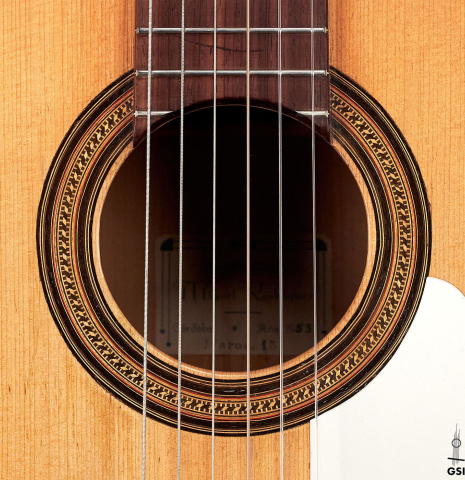 The rosette of a 1953 Miguel Rodriguez flamenco guitar made of spruce and cypress