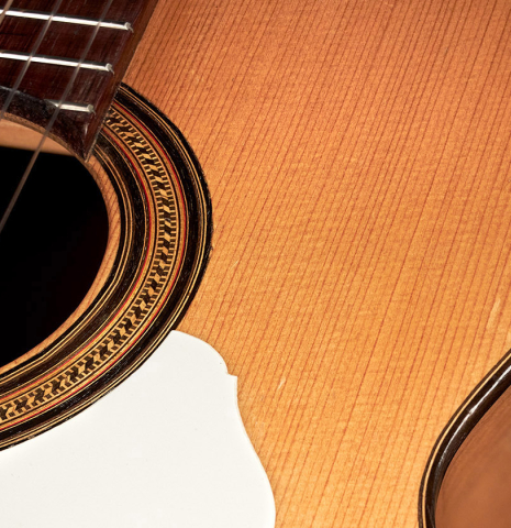 The soundboard and tap plate of a 1953 Miguel Rodriguez flamenco guitar made of spruce and cypress