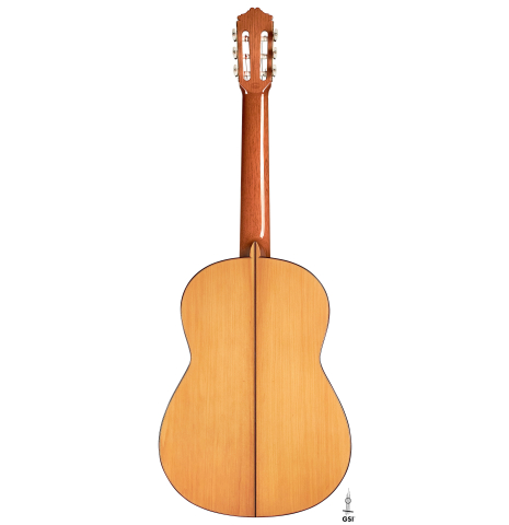 The back of a 1990 Miguel Rodriguez flamenco guitar made with spruce top and cypress back and sides.