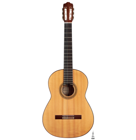 The front of a 1990 Miguel Rodriguez flamenco guitar made with spruce top and cypress back and sides.