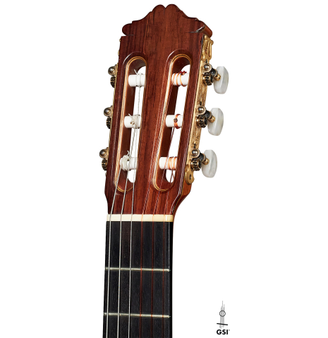 The headstock of a 1990 Miguel Rodriguez flamenco guitar made with spruce top and cypress back and sides.