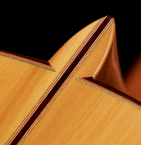 The heel of a 1990 Miguel Rodriguez flamenco guitar made with spruce top and cypress back and sides.