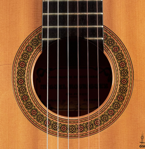 The rosette of a 1990 Miguel Rodriguez flamenco guitar made with spruce top and cypress back and sides.