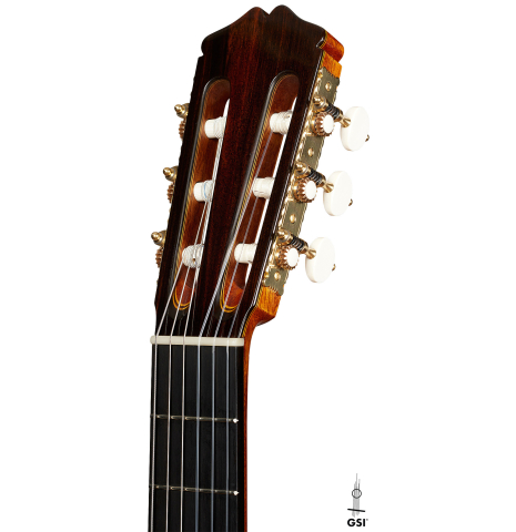 The headstock of a 2024 Rojas &amp; Sanzol flamenco guitar made of spruce and cypress