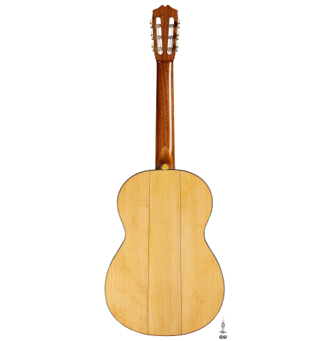 The back of a 2025 Rojas &amp; Sanzol flamenco blanca guitar made of spruce and cypress