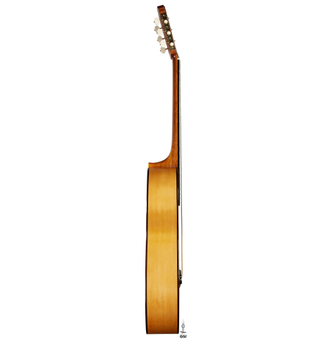 The side of a 2025 Rojas &amp; Sanzol flamenco blanca guitar made of spruce and cypress