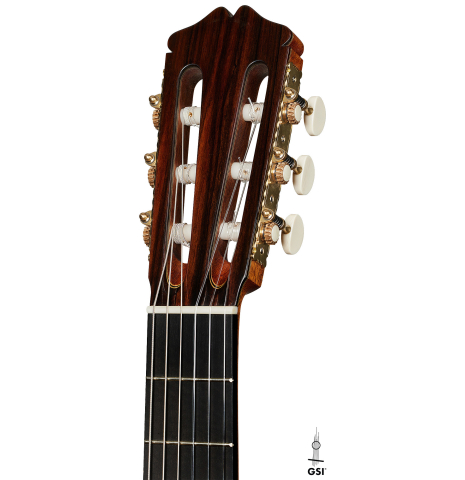 The headstock of a 2025 Rojas &amp; Sanzol flamenco blanca guitar made of spruce and cypress