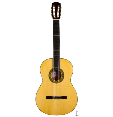 The front of a 2025 Rojas &amp; Sanzol flamenco guitar made of spruce and cypress