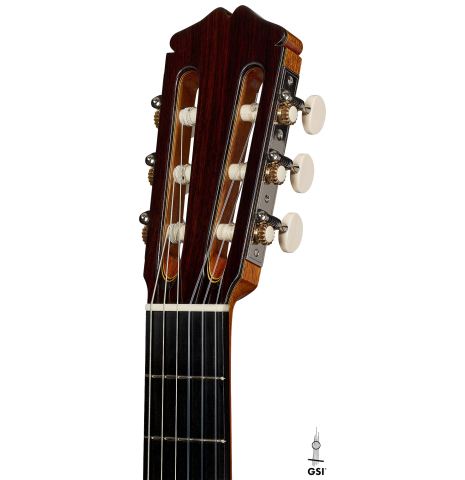 The headstock of a 2025 Rojas &amp; Sanzol flamenco guitar made of spruce and cypress
