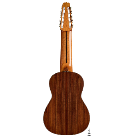 The back of a 2025 Rojas &amp; Sanzol "10-string" classical guitar made of cedar and Indian rosewood