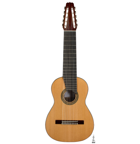 The front of a 2025 Rojas &amp; Sanzol "10-string" classical guitar made of cedar and Indian rosewood