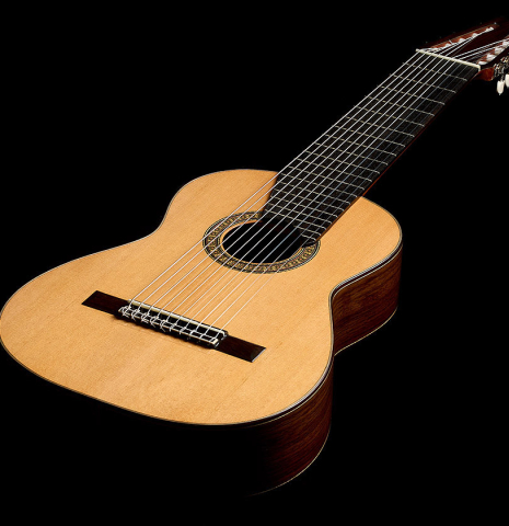 The top and sides of a 2025 Rojas &amp; Sanzol "10-string" classical guitar made of cedar and Indian rosewood