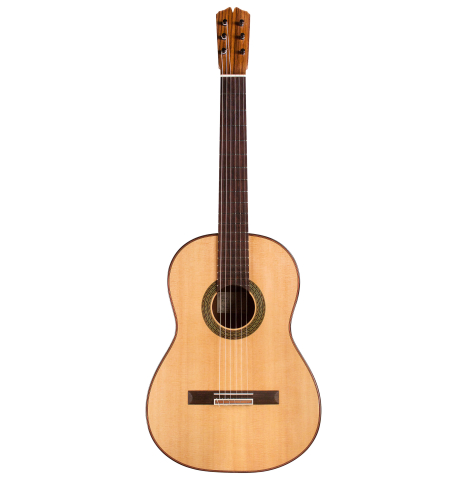 The front of a 2020 Pepe Romero &quot;Blanca&quot; flamenco guitar with traditional pegs made of spruce and cypress