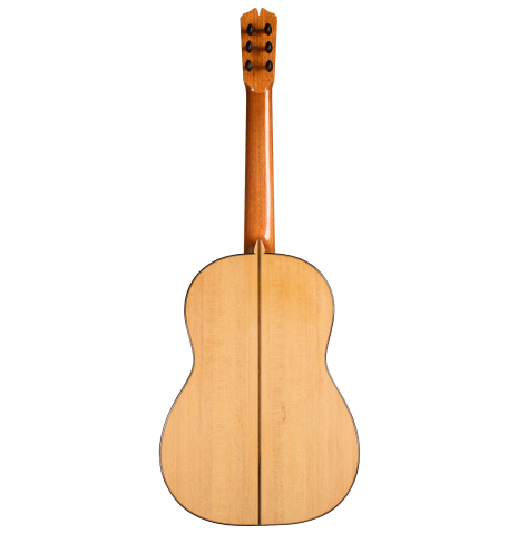 The back of a 2020 Pepe Romero &quot;Blanca&quot; flamenco guitar with traditional pegs made of spruce and cypress