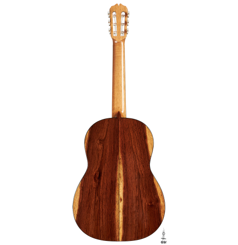The back of a 2024 Pepe Romero "Negra y Blanca" flamenco guitar made of spruce and CSA rosewood