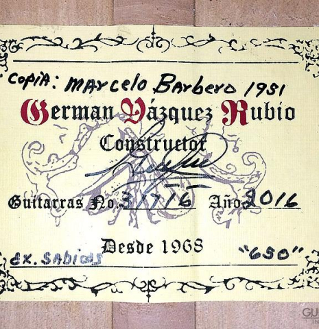 2016 German Vazquez Rubio "1951 Barbero, ex Sabicas" SP/CY