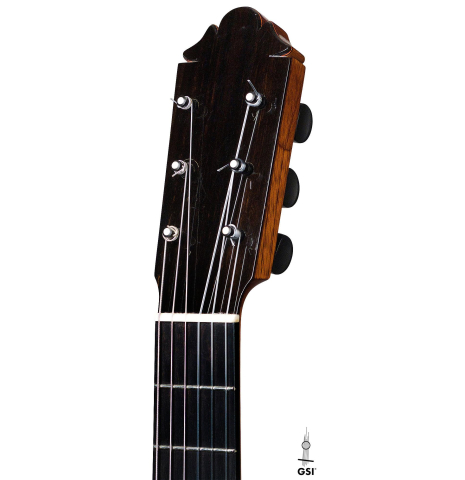 The headstock of a 2005 German Vazquez Rubio &quot;Almeria&quot; flamenco guitar made with spruce and cypress.