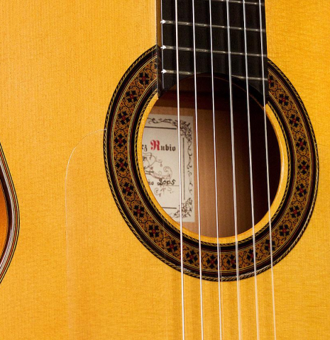The soundboard of a 2005 German Vazquez Rubio &quot;Almeria&quot; flamenco guitar made with spruce and cypress.