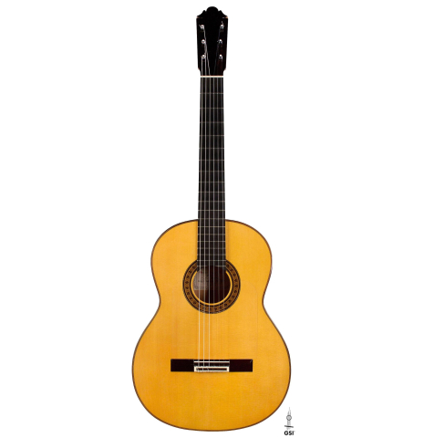 The front of a 2005 German Vazquez Rubio &quot;Almeria&quot; flamenco guitar made with spruce and cypress.