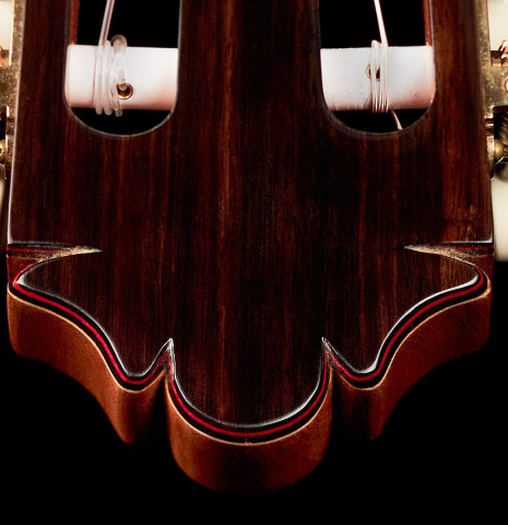 The headstock of a 2022 German Vazquez Rubio Concert Blanca Flamenco guitar made with spruce soundboard and cypress back and sides