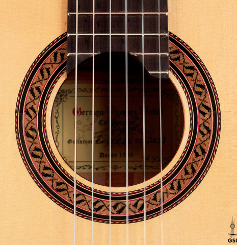 Rosette of a 2022 German Vazquez Rubio Concert Flamenco Blanca guitar