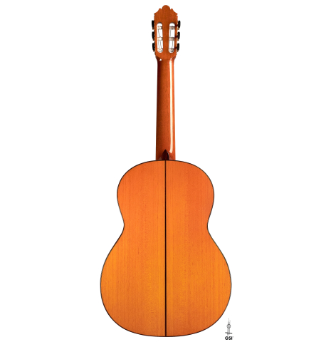 The back of a 2006 German Vazquez Rubio flamenco guitar made of spruce and cypress