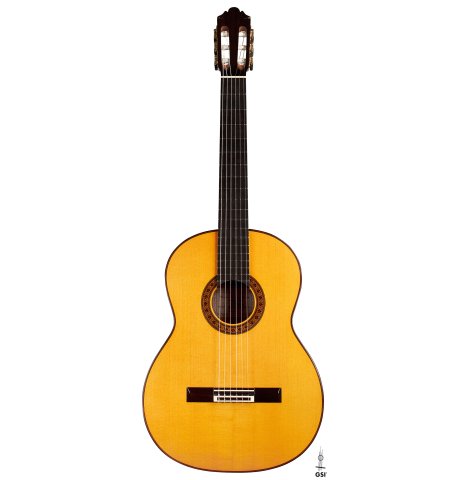 The front of a 2006 German Vazquez Rubio flamenco guitar made of spruce and cypress