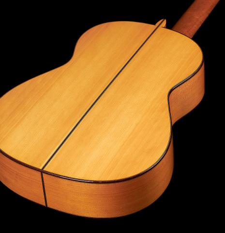 The back of a 1997 German Vazquez Rubio flamenco guitar made with spruce and cypress