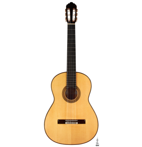 The front of a 1997 German Vazquez Rubio flamenco guitar made with spruce and cypress