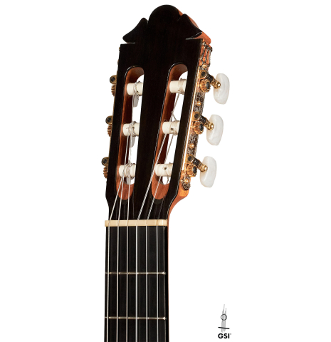 The headstock of a 1997 German Vazquez Rubio flamenco guitar made with spruce and cypress