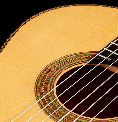 The rosette of a 1997 German Vazquez Rubio flamenco guitar made with spruce and cypress