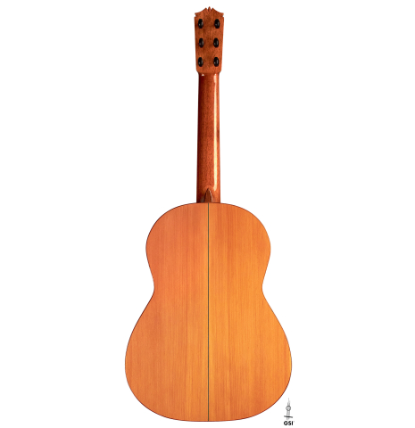 The back of a 2002 David Schramm &quot;1951 Barbero, ex Sabicas&quot; flamenco guitar with pegs made of spruce and cypress