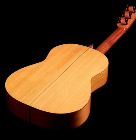 The back of a 2002 David Schramm &quot;1951 Barbero, ex Sabicas&quot; flamenco guitar with pegs made of spruce and cypress