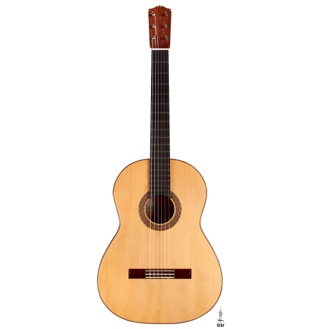 The front of a 2002 David Schramm &quot;1951 Barbero, ex Sabicas&quot; flamenco guitar with pegs made of spruce and cypress