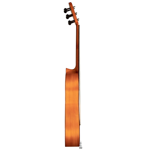 The side of a 2002 David Schramm &quot;1951 Barbero, ex Sabicas&quot; flamenco guitar with pegs made of spruce and cypress