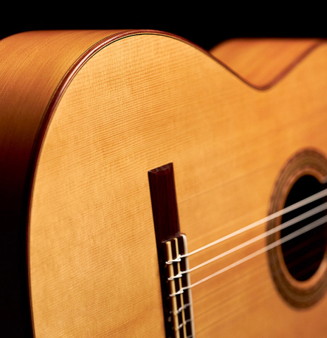 The soundboard and side of a 2002 David Schramm &quot;1951 Barbero, ex Sabicas&quot; flamenco guitar with pegs made of spruce and cypress