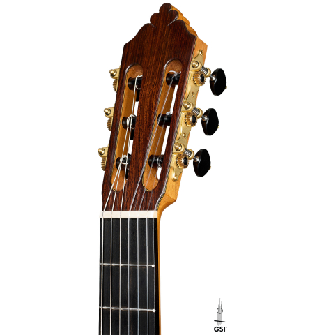 The headstock of a 2026 Emilio Díaz Valero "Blanca" flamenco guitar made of cedar and cypress