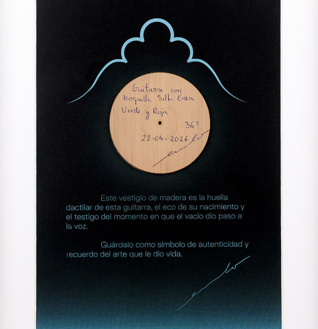 The framed soundhole wood of a 2026 Emilio Díaz Valero "Blanca" flamenco guitar made of cedar and cypress