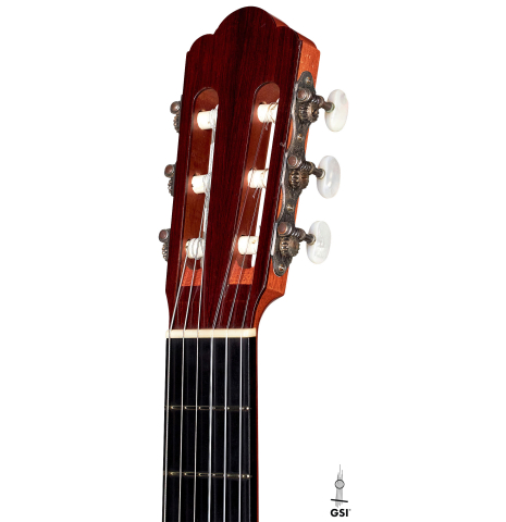The headstock of a 1969 Manuel Velazquez "Flamenco Blanca" guitar made of spruce and cypress