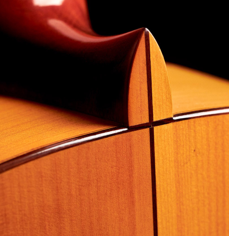 The heel of a 1969 Manuel Velazquez "Flamenco Blanca" guitar made of spruce and cypress